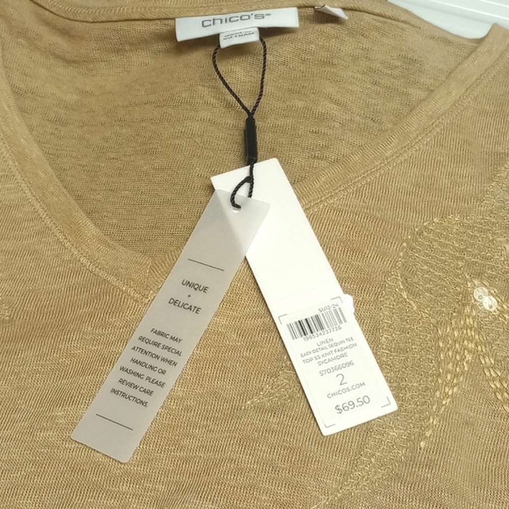 🆕 CHICO'S TAN BEIGE LINEN SHORT SLEEVE WOMEN'S SHIRT WITH FLORAL SEQUIN DESIGNS - Picture 7 of 9